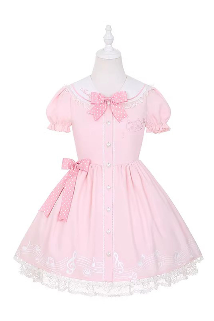 Pink Melody Kitty Doll Collar Short Sleeves Ruffled Embroidered Bow Lace Sweet Dress