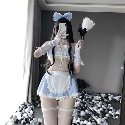 Blue Sexy Maid Lace Bow Stockings Lingerie Dress