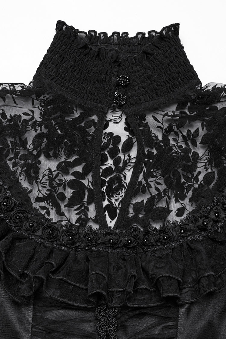 Black Stand Collar Cutout Embroidered Flocking Mesh Gothic Formal Gown