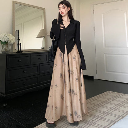 Elegant Lace Up Flared Sleeve Top Vintage Floral Print Wide Leg Pants