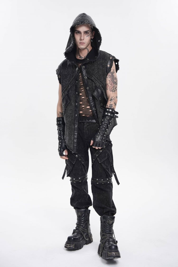 Noir Punk Vest with Hood and Buckle Accents