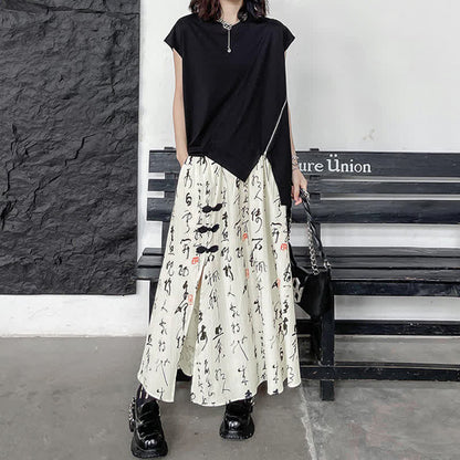 Elegant Character Print Buckle Split Skirt