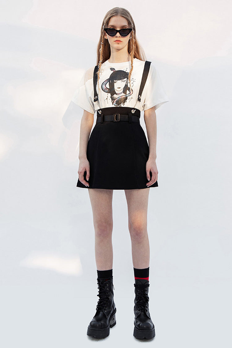 Slate Steel Ring Strap Buckled Split Hem A-Line Punk Skirt for Women