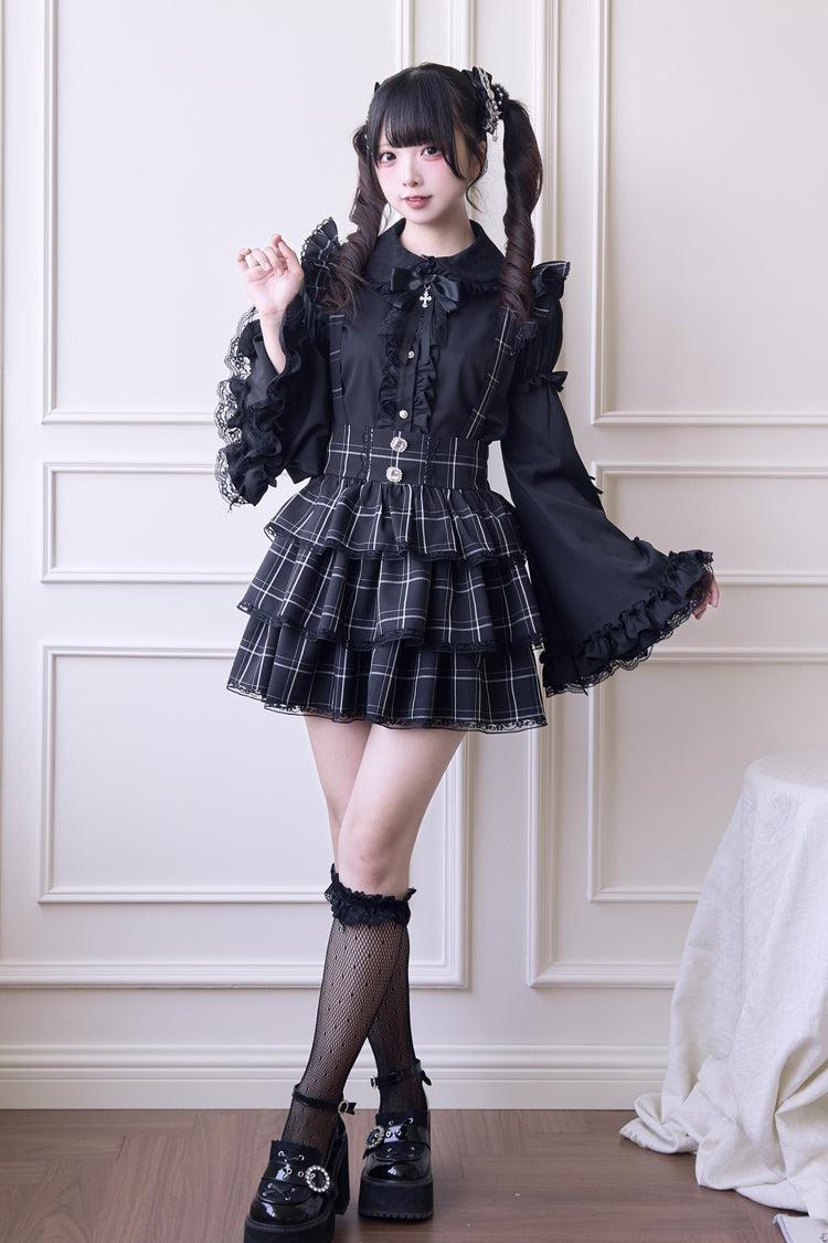 Japanese Strap Dress with Plaid Print and Ruffle