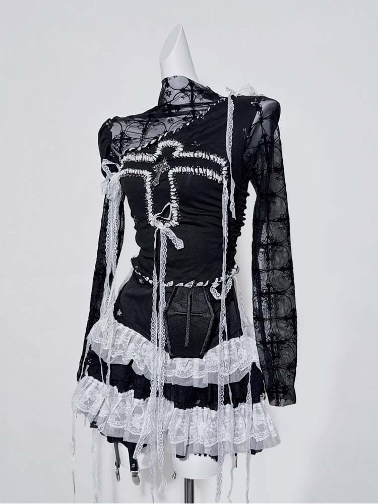 Gothic Black Illusion Lace Trim Cross Top