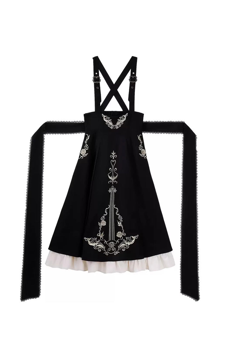 Black White Violin Variations Ruffled Embroidered Gothic Jumper Set