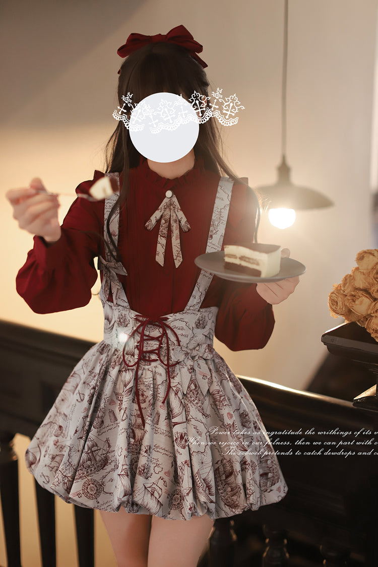Ash Printed Sweet Lolita Skirt with Lace-Up Bow