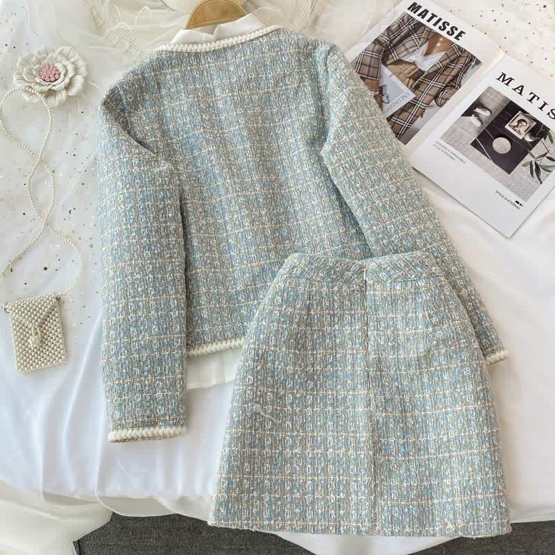 Chic Plaid Print Jacket Shirt High Waist Skirt Set