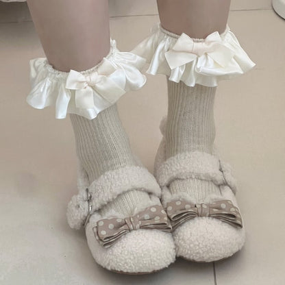 Coffee Sweet Bowknot Ruffled Cuff Calf Socks