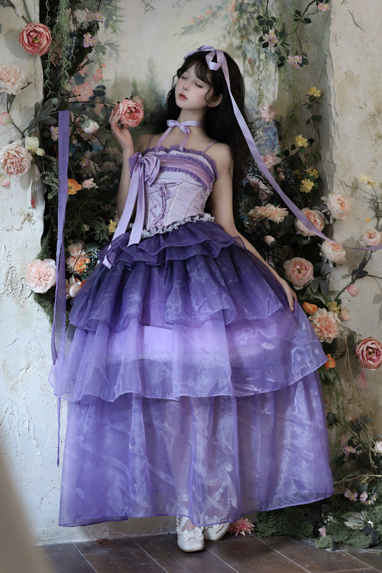Sleeveless Triple-Layered Ruffled Bow Lace-Up Sweet Elegant Lolita Skirt Dress Set - Lily of the Valley in Falling Snow