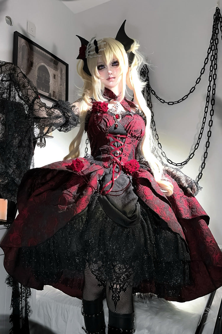 Crimson Rose Dish Ruffled Cardigan Bow Lace-Up Gothic Lolita Jumper Dress