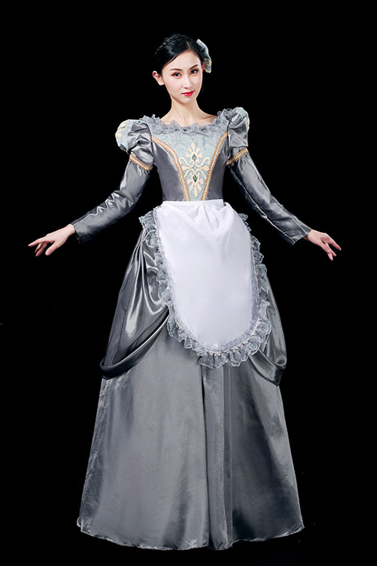 Gray Floral Print Victorian Gown with Boat Neck - Long Sleeves