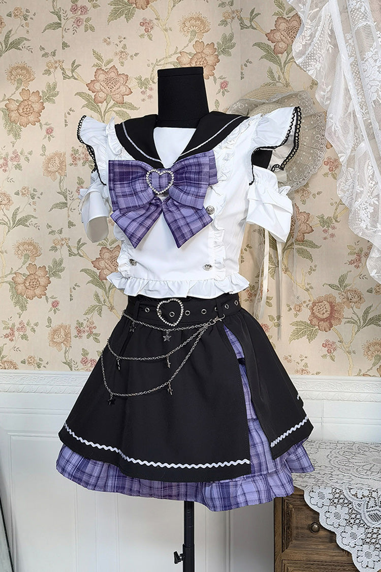 Monochrome Bow-Adorned Sweet Jirai Kei Skirt Set with Short Sleeves