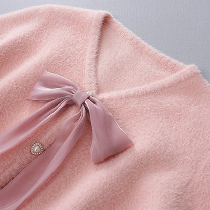 Pink Bow Knot V-neck Cardigan Sweater Slip Dress Set