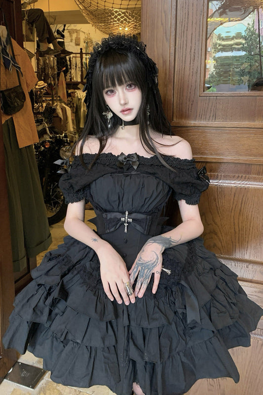 Sleeveless Black Lace Bowknot Triple-Layered Gothic Princess Dress