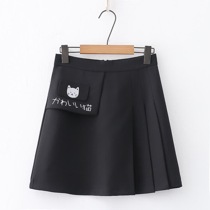 Cartoon Kitty Print Pure Color Pleated Skirt