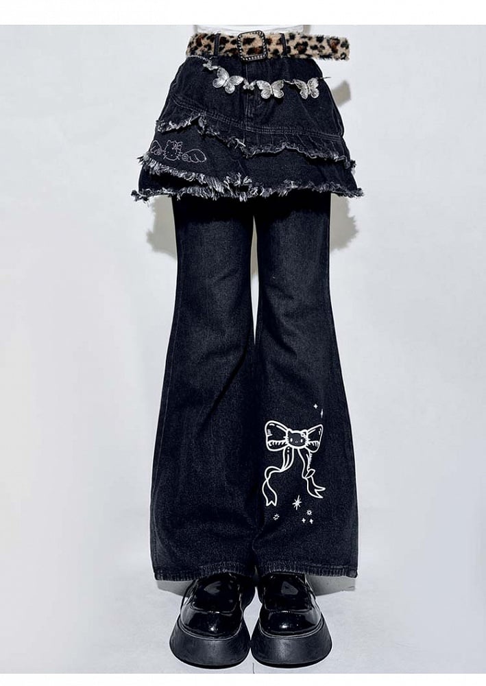 Black Bowknot Distressed Hem Flared Pants