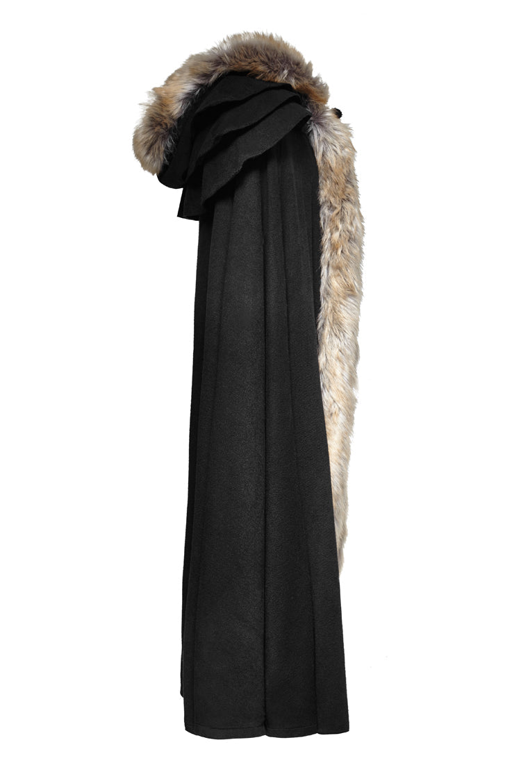 Men's Gothic Coat Cloak with Hooded Fur Collar Wool Long Design