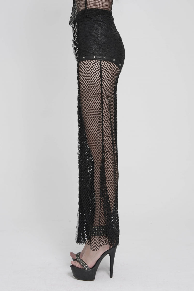 Noir Punk Trousers with Mesh Panels and Metal Studs