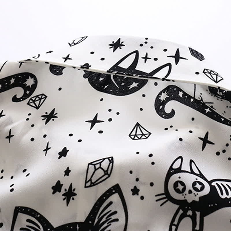 Black White Kitty Print Lapel Chiffon Shirt