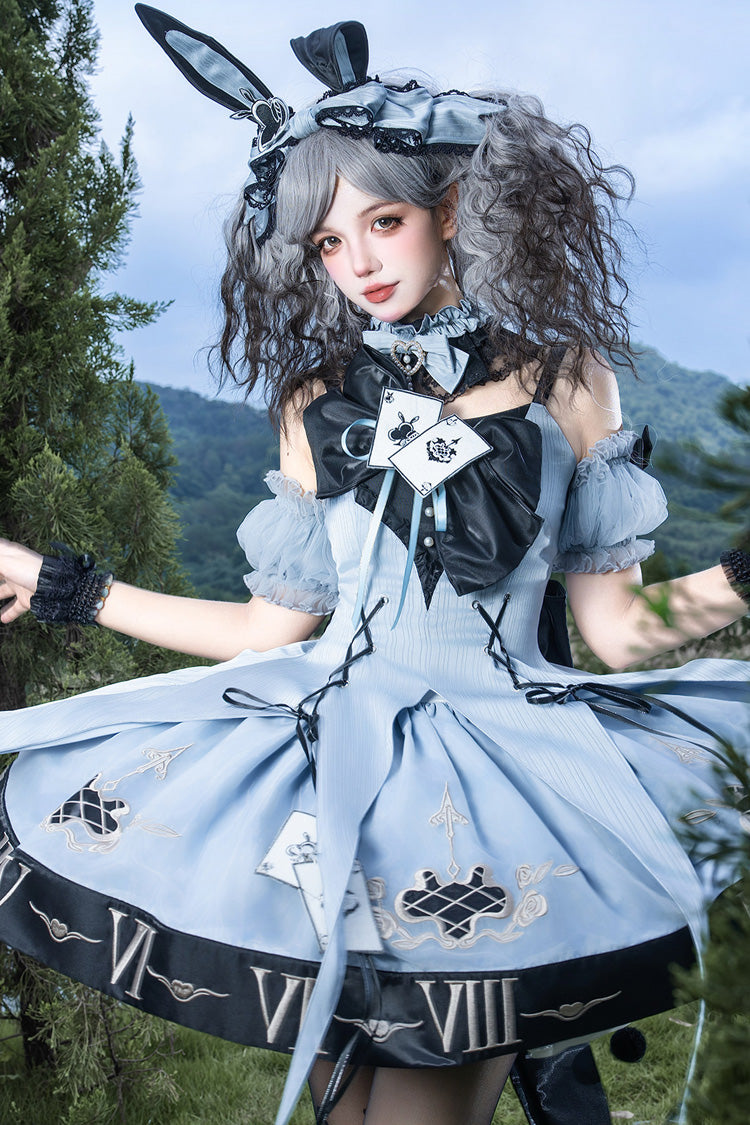 Clock Rabbit Card Game Sleeveless Jacquard Ruffle Embroidered Bow Gothic Jumper Dress
