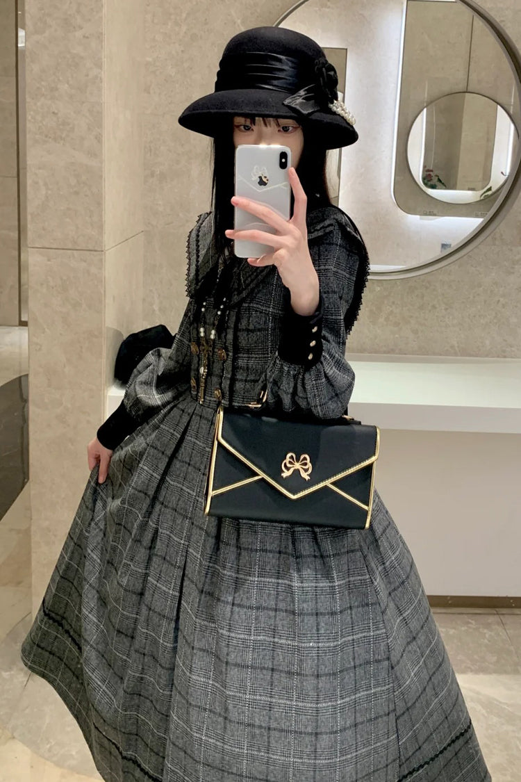 Ash Plaid Bowknot Elegant Sweet Lolita Gown with Long Sleeves