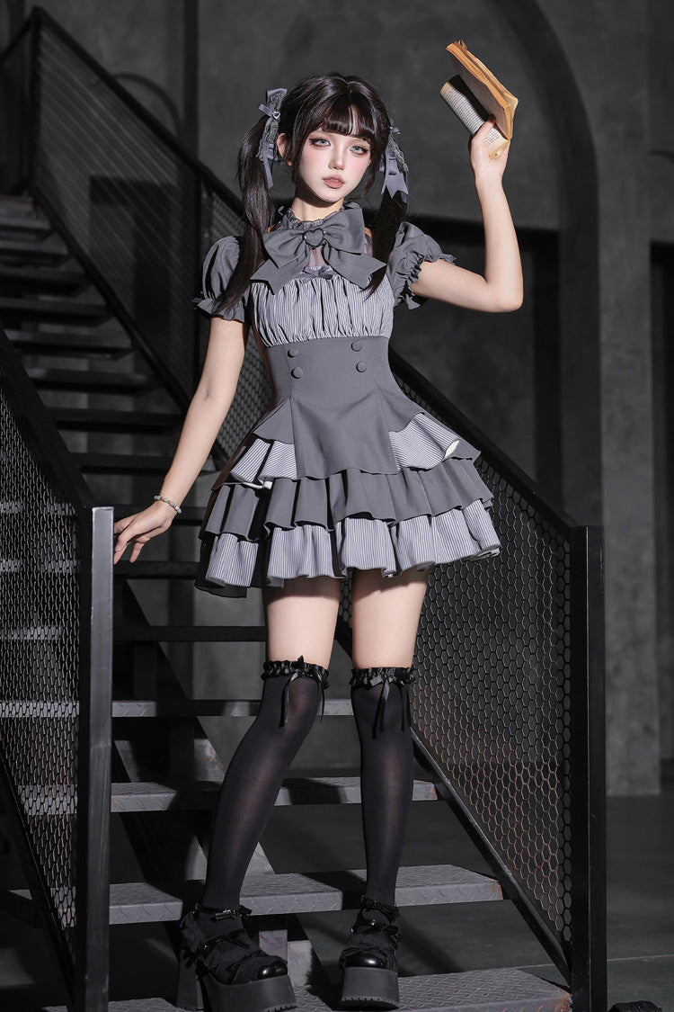 Halterneck Square Collar Ruffled Lolita Dress Set - Black/Grey