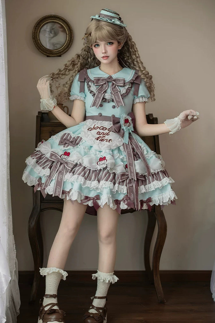 Green [Cherry Mille-Feuille] Lapel Collar Short Sleeves Triple-Layered Printed Ruffled Bow Lace Princess Sweet Lolita Dress
