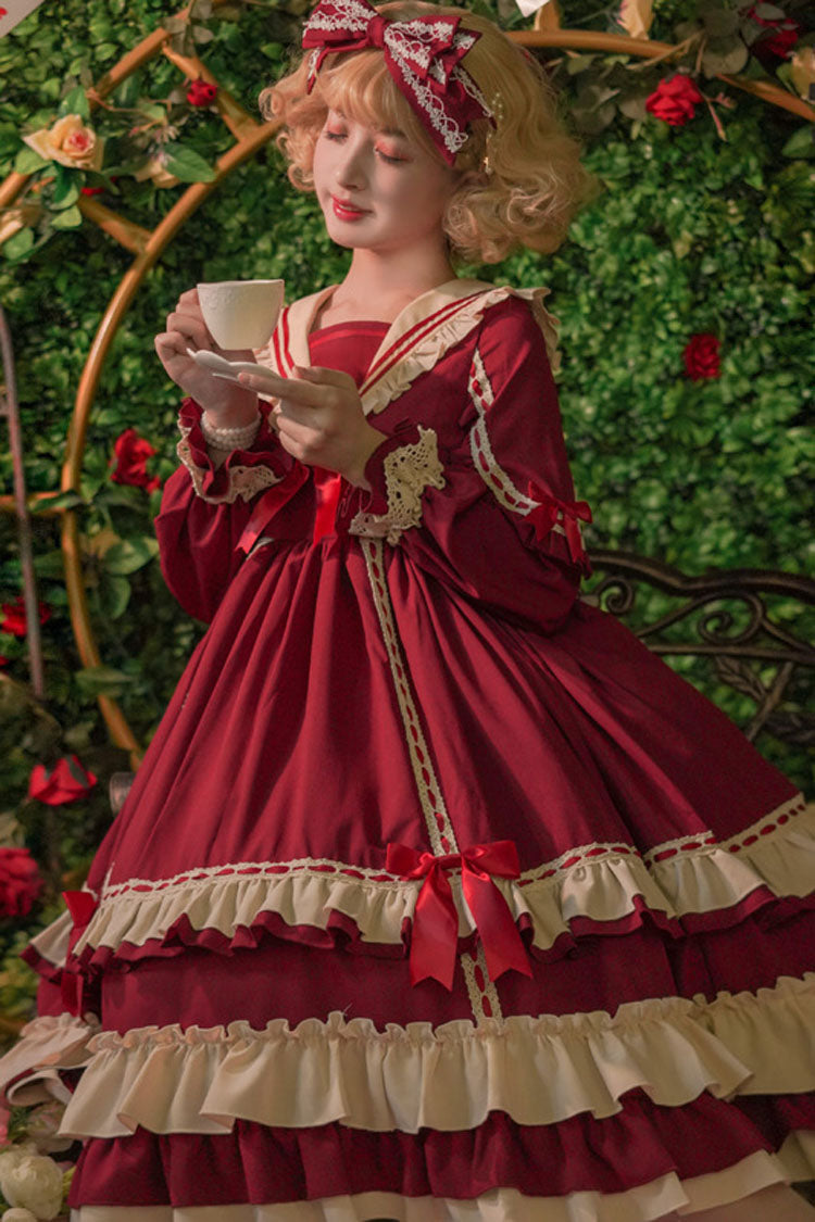 Classic Lolita OP Dress - Long Sleeves High Waist Ruffled Bowknot