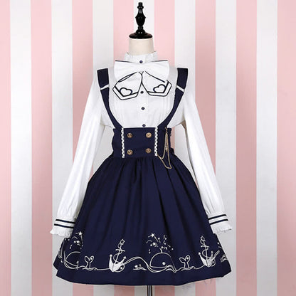 Sailor Collar Shirt Cartoon Dolphin Print Suspender Skirt