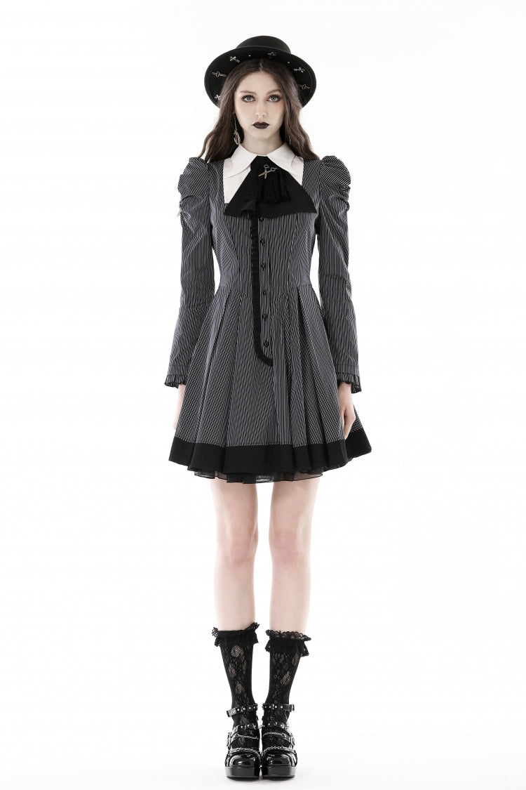 Black/White Notch Collar Puff Sleeve Gothic Striped Preppy Dress