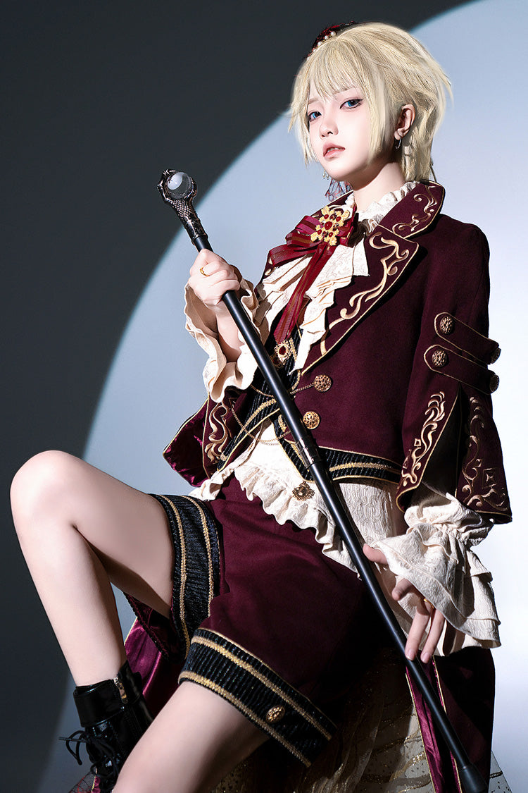 Crimson Royal Heir Embroidery Military Elegant Handsome Ouji Lolita Coat Blouse Shorts Set
