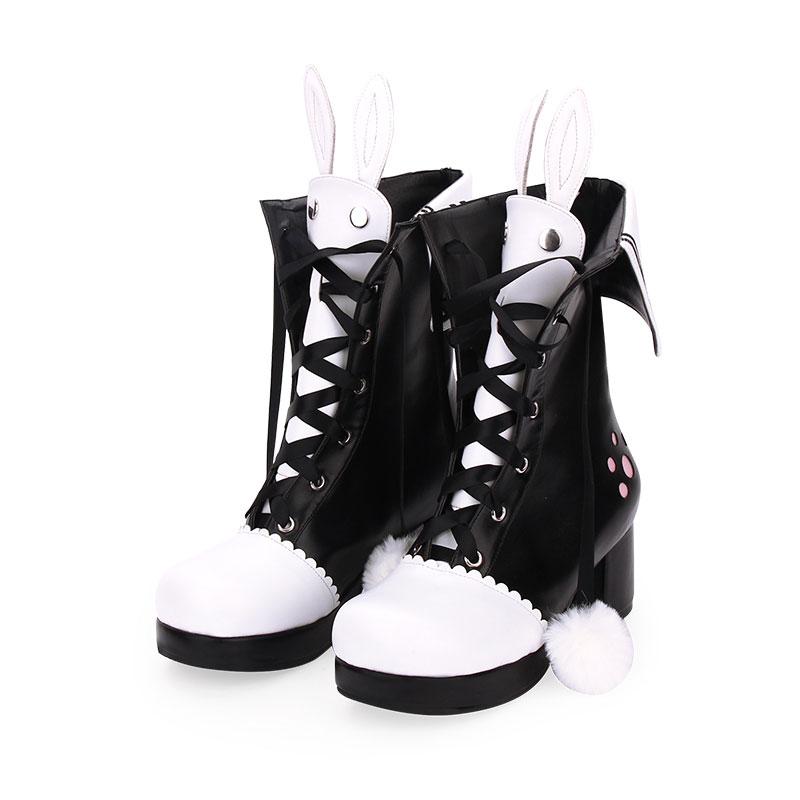 Black Bunny Ears Lace-up Fuzzy Ball Collar High Heel Boots