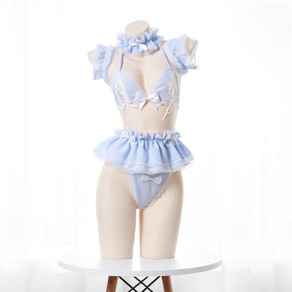 Sweet Lace Bow Knot Plaid Maid Bikini Lingerie Set