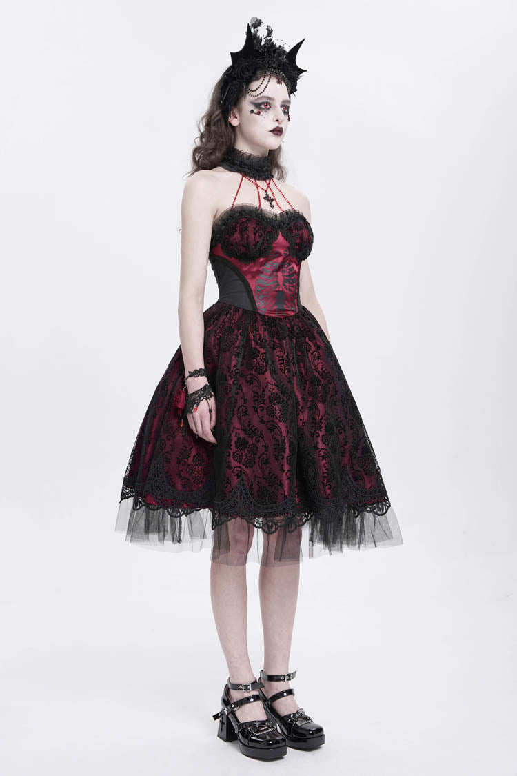 Crimson Halterneck Skeleton Print Embroidered Stitching Lace Gothic Gown