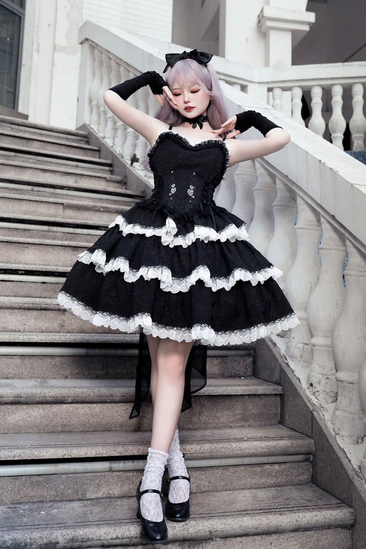 Black Triple-Layered Ruffle Embroidery Bow Gothic Lolita Jsk Dress