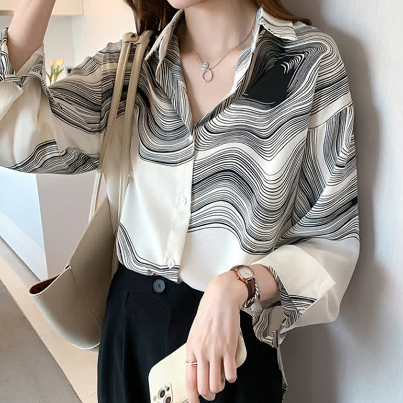 Retro Colorblock Stripe Print Lapel Shirt