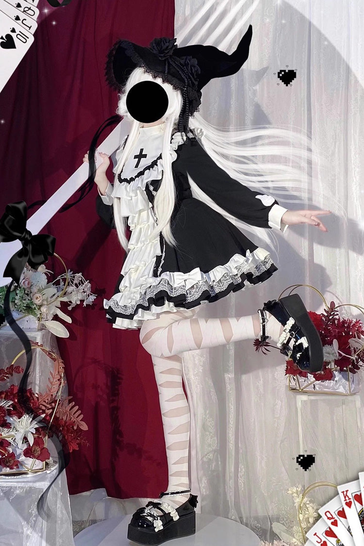 Long Sleeves Multi-layer Cross Print Nun Style Ruffle Gothic Lolita Dress
