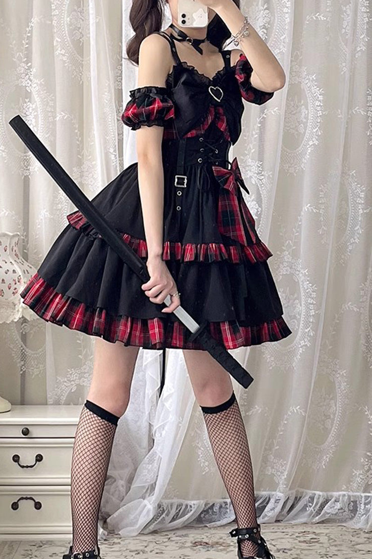 Black Red Plaid Print Color Contrast Leather Buckle Bowknot Ruffle JSK