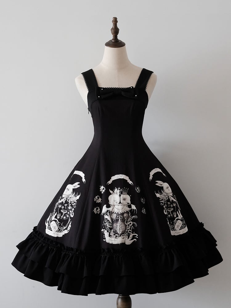 Dark Black Dress Print Waist Gothic Slim Fit Bunny Lolita