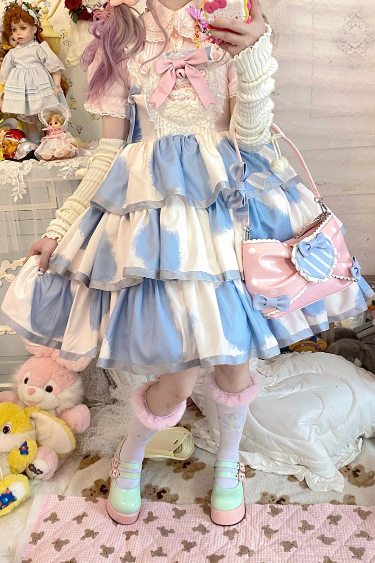 Blue Sleeveless Triple Layer Cow Print Ruffle Bow Sweet Jsk