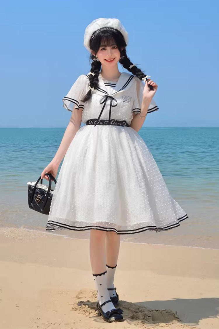 White Seaside Sweetheart Chiffon Navy Collar Short Sleeves Ruffled Lace-Up Slim Sailor Sweet Dress
