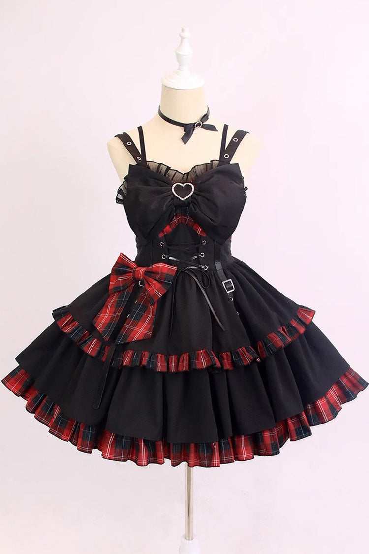 Black Red Plaid Print Color Contrast Leather Buckle Bowknot Ruffle JSK