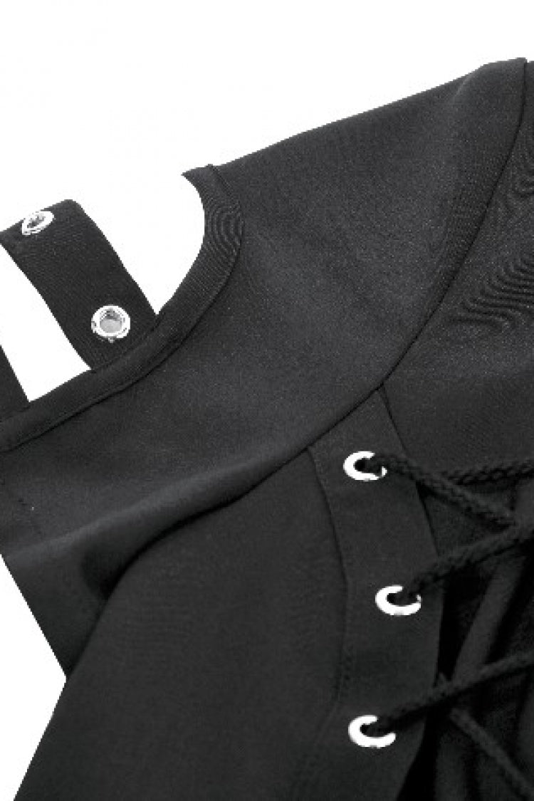 Punk Blouse with Turn-Down Collar and Lace-Up Eyelets