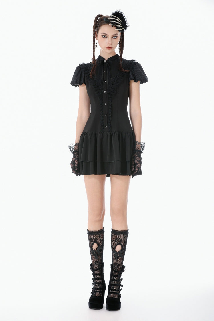 Black Short Sleeves Pleated Bow-Trim Lace Lace-Up Women's Lolita Gothic Dress