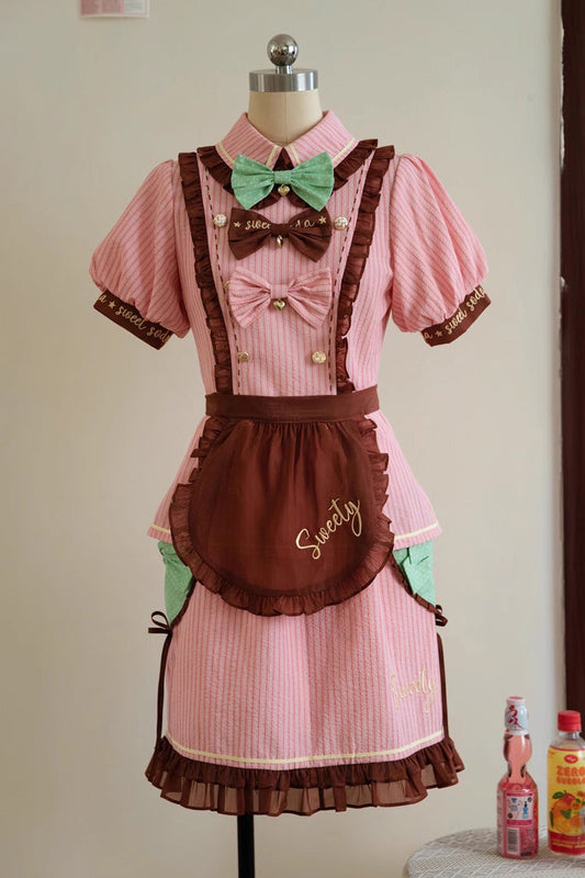 Pink Sweet Soda Short Sleeves Print Ruffle Apron Vintage Skirt Set