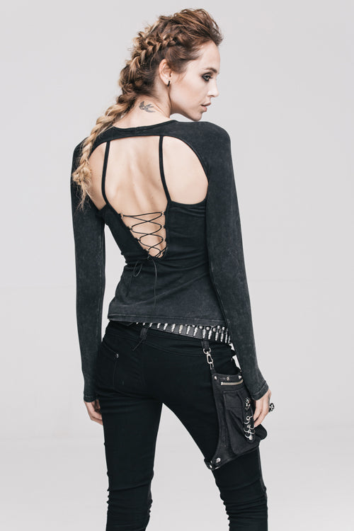 Women's Punk T-Shirt with Hollow Out Long Sleeves Straps Design