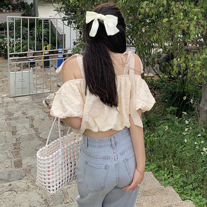 Lace Up Puff Shoulder Crop T-Shirt Denim Pants Skirt