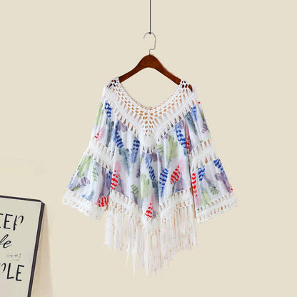 Sweet Boho Print Fringed Hollow Out Shirt Pleated Skirt Slip Dress