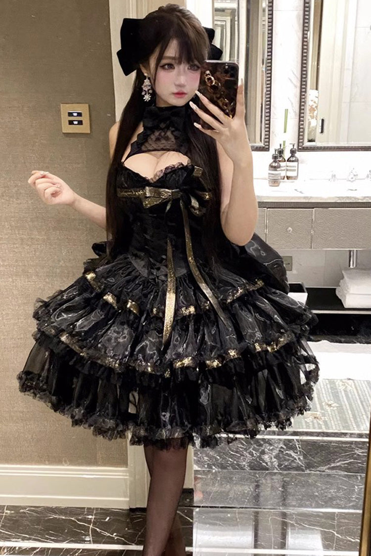 Black First Kiss Halterneck Triple-Layered Ruffle Lace Gothic Princess